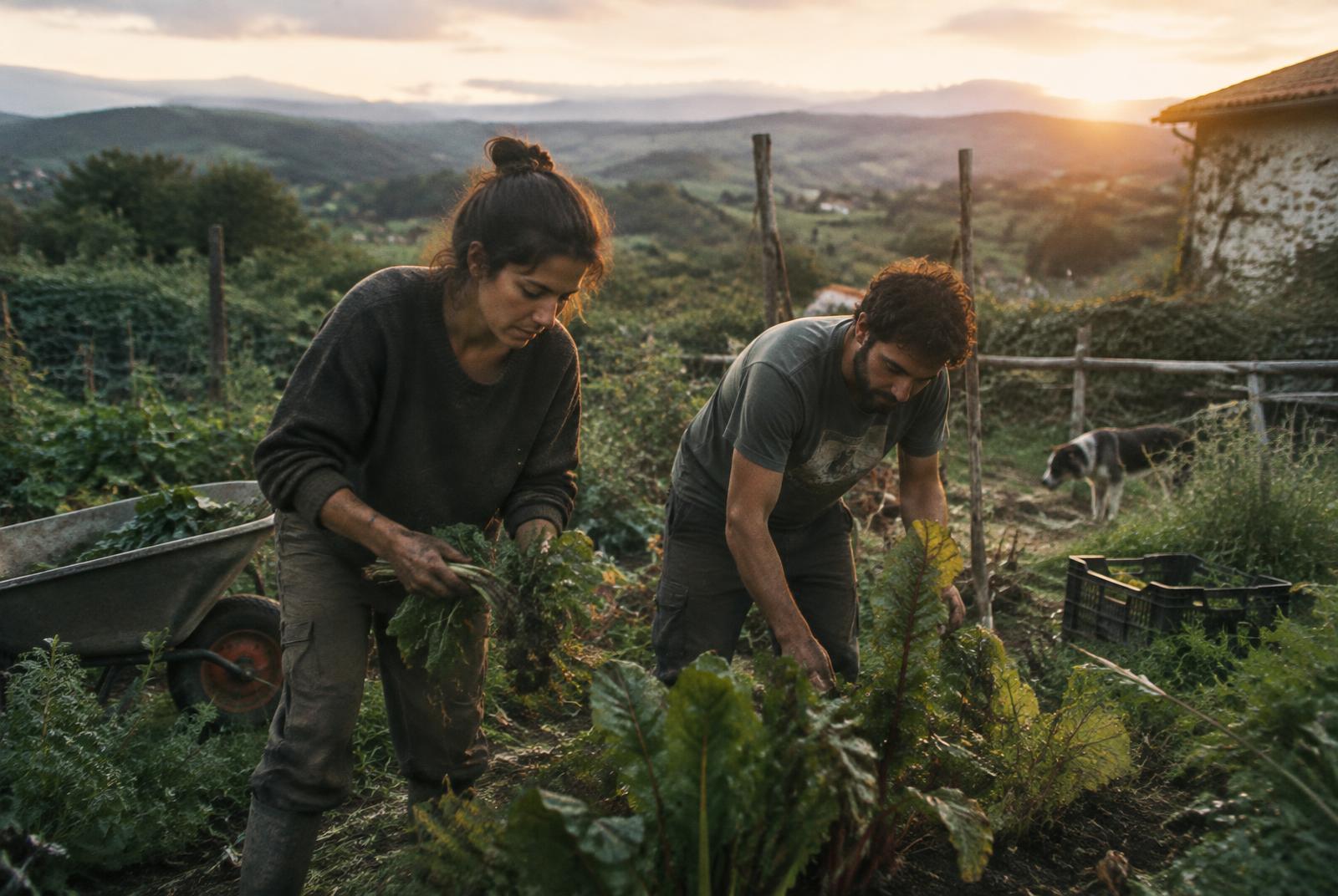 Marta y Andreu trabajando en el huerto al atardecer